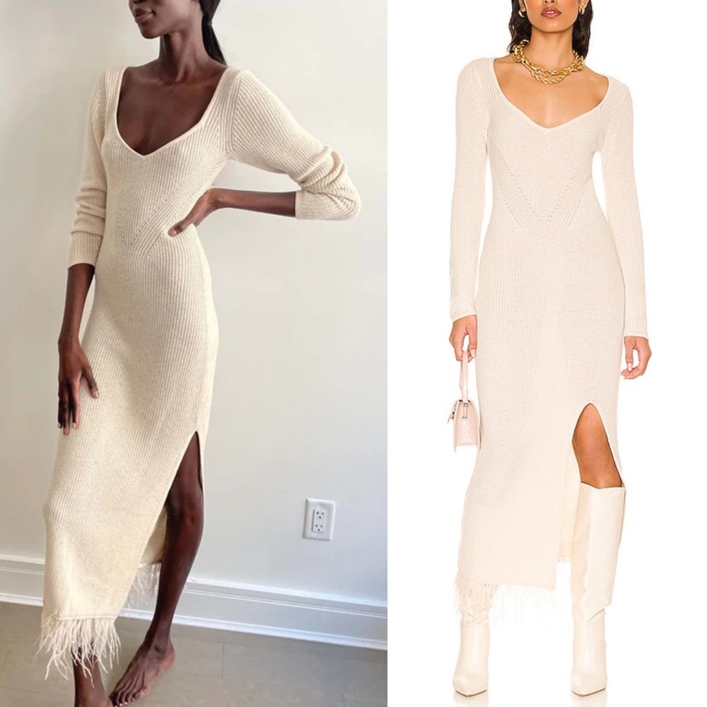 SAYLOR Evie Lou Ivory Ribbed Knit Long Sleeve Midi Sweater Dress Feather Trim M